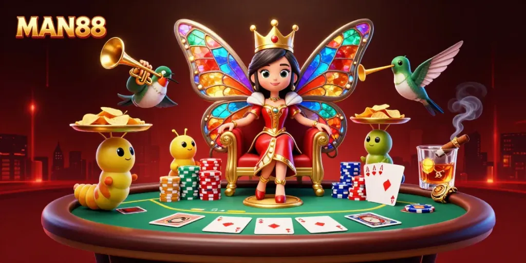 Experience vibrant gameplay with MAN88 as the butterfly queen and poker elements dominate the scene.