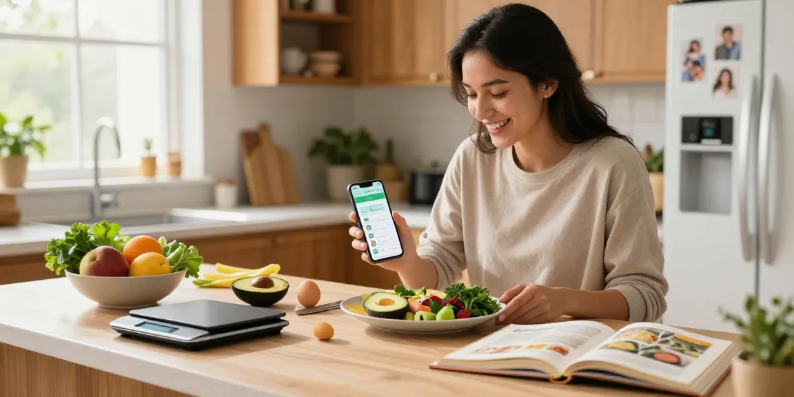 Healthy cooking with the best food tracker app in a sunny kitchen.