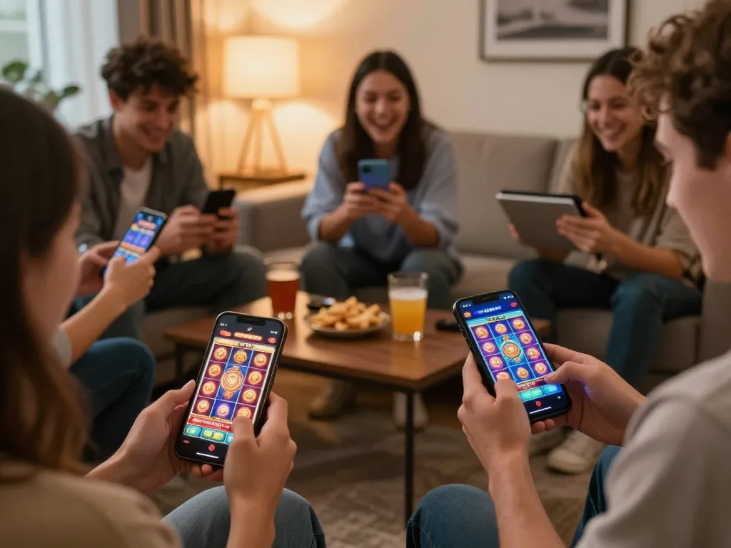 Engaging in mobile gaming with link slot kamboja on smartphones in a cozy home setting.