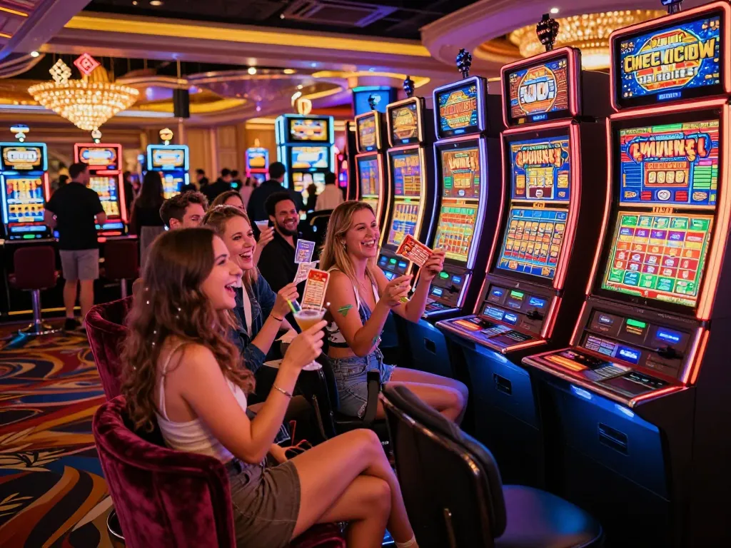 Group of friends celebrating wins at a vibrant link slot machine in an exciting casino environment