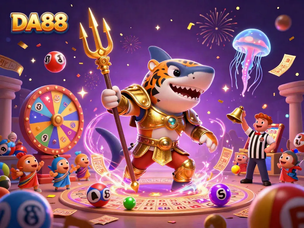 Engage in exciting DA88 gaming action with a tiger shark gladiator surrounded by vibrant lottery elements.