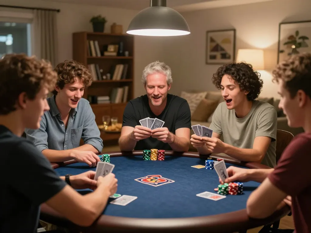 Friends enjoying a thrilling game of poker at home while using hitclubapk for strategic gameplay.