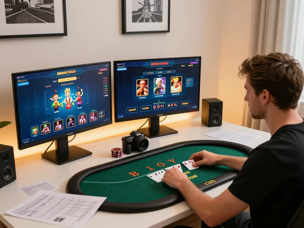 Player engaging in high-stakes poker online at 58win with multiple gaming screens illuminated