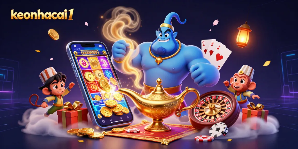 Experience the magic with keonhacai1 as a genie emerges from a lamp amidst vibrant gaming elements.