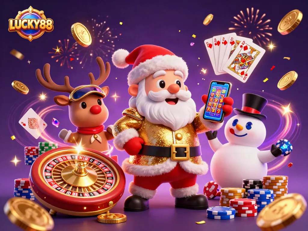LUCKY88 shines as Santa and friends celebrate with jackpots in a vibrant casino scene.
