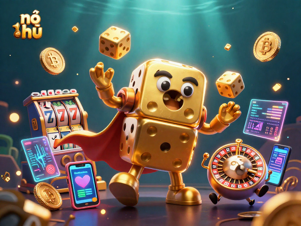 Experience the thrill of nổ hũ with vibrant slot reels and golden dice come to life.