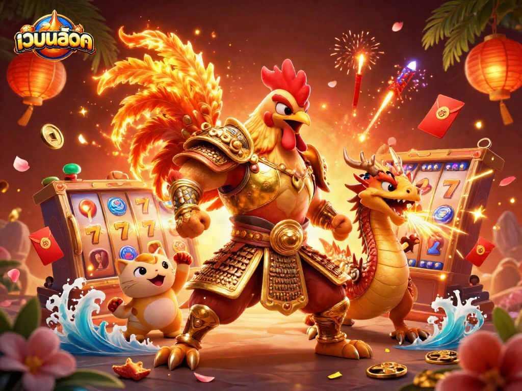Play เว็บสล็อต with a dynamic scene of winning animations and vibrant characters in a casino-themed illustration.