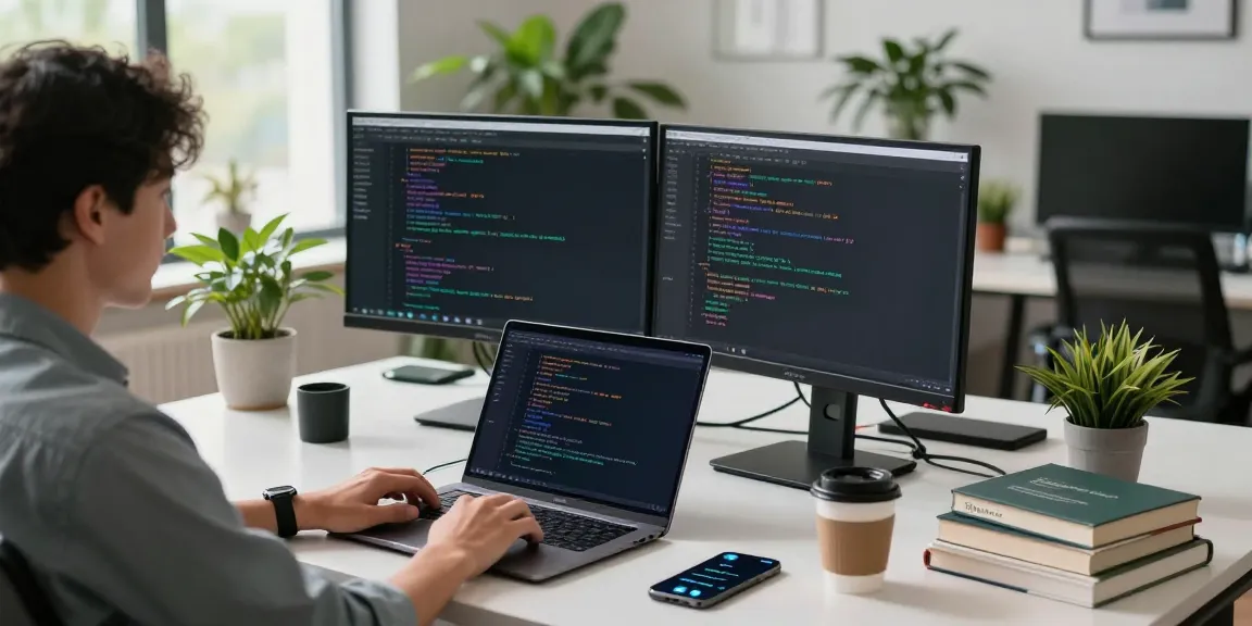 The workspace scene portrays a developer working on telegram中文版, showcasing code on dual monitors and modern tech elements.