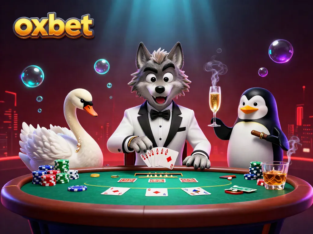 Play at oxbet with a 3D wolf, swan, and penguin in a vibrant casino scene