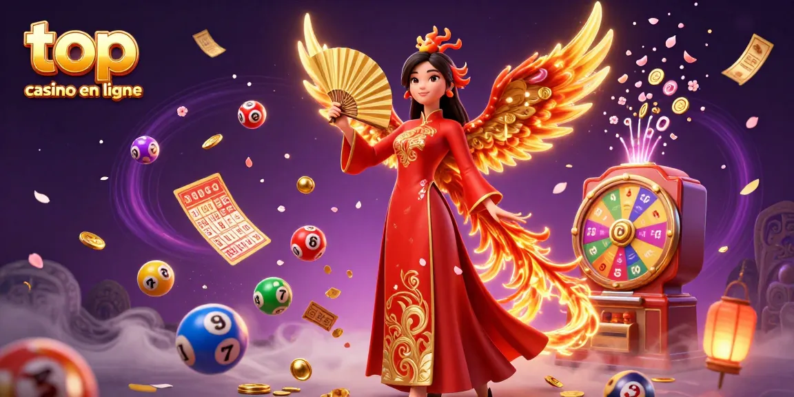 Découvrez l'excitation des jeux palpitants aux meilleurs casinos en ligne avec une illustration vibrante d'une femme vietnamienne et d'un phoenix.