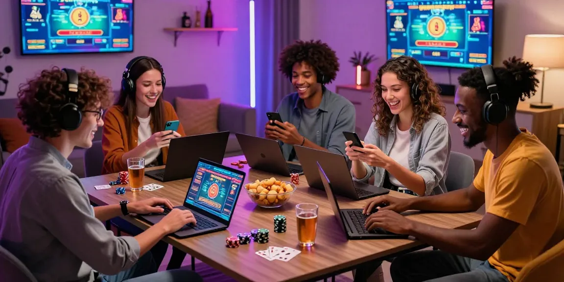 Divers amis profitant d'une soirée de jeu excitante avec des jeux de top casino en ligne, des lumières vives et des collations autour d'une table confortable.