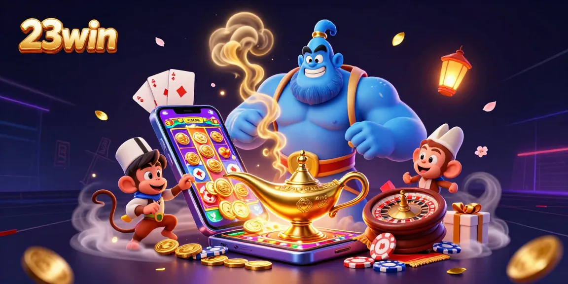 Experience the thrill of 23win's captivating casino world with a powerful genie, poker chips, and slot action.