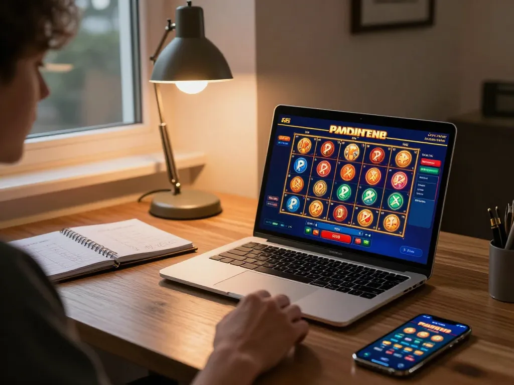 jproyal player strategizing on slots at home with detailed notes, a casino app, and warm lighting