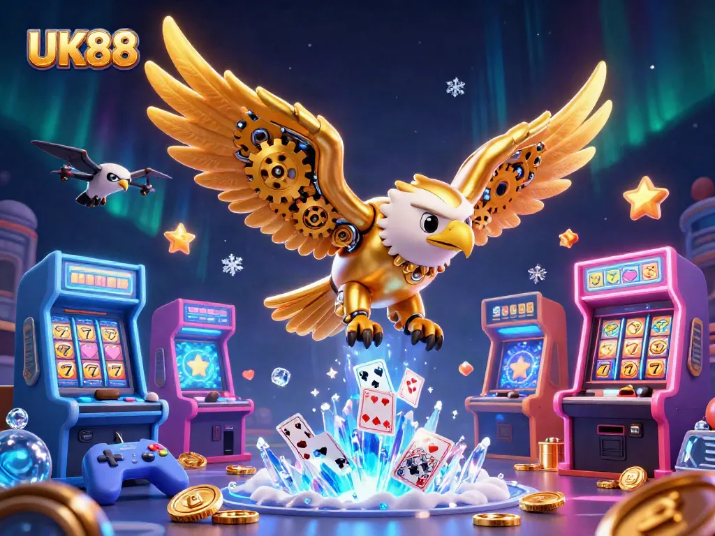 Experience thrilling gaming at UK88 with a dynamic display of golden eagle and casino elements.