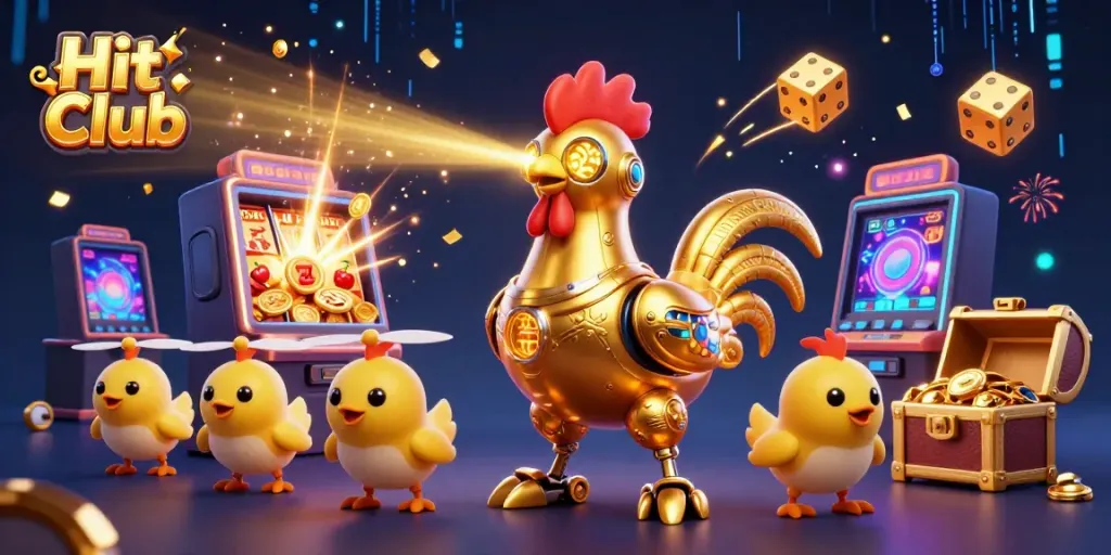 Hit Club casino scene with a golden rooster robot and dynamic game elements for vibrant gaming excitement