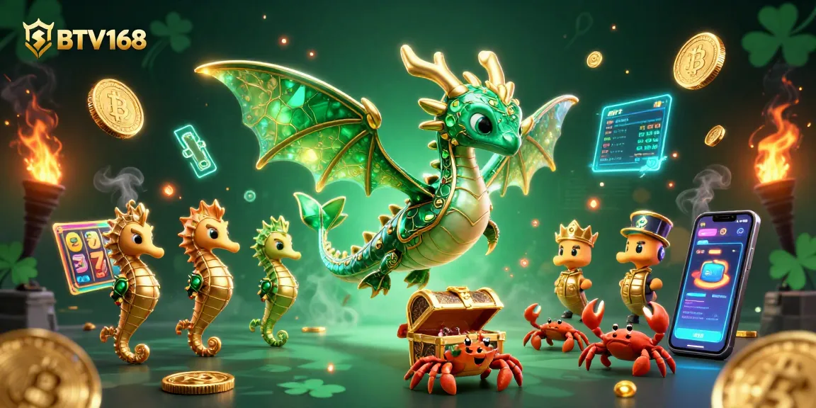 BTV168 engages players with thrilling slot games featuring a majestic emerald sea dragon and animated cryptocurrency elements.