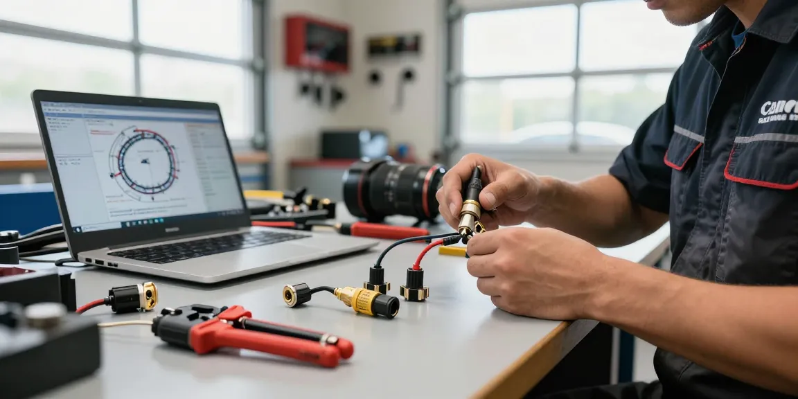 Expert technician assembling automotive connectors on a workbench, showcasing precision in automotive wiring solutions that ensure reliability.