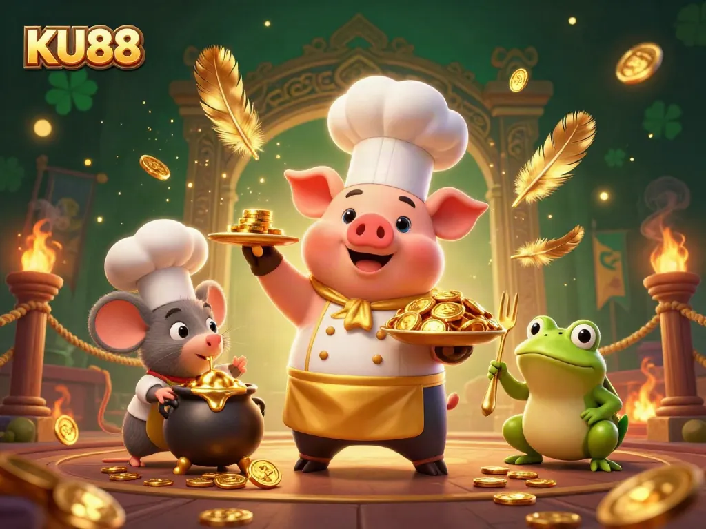 Experience the thrill of KU88 with a vibrant casino illustration showcasing a chef pig and a tasty feast of gold coins.