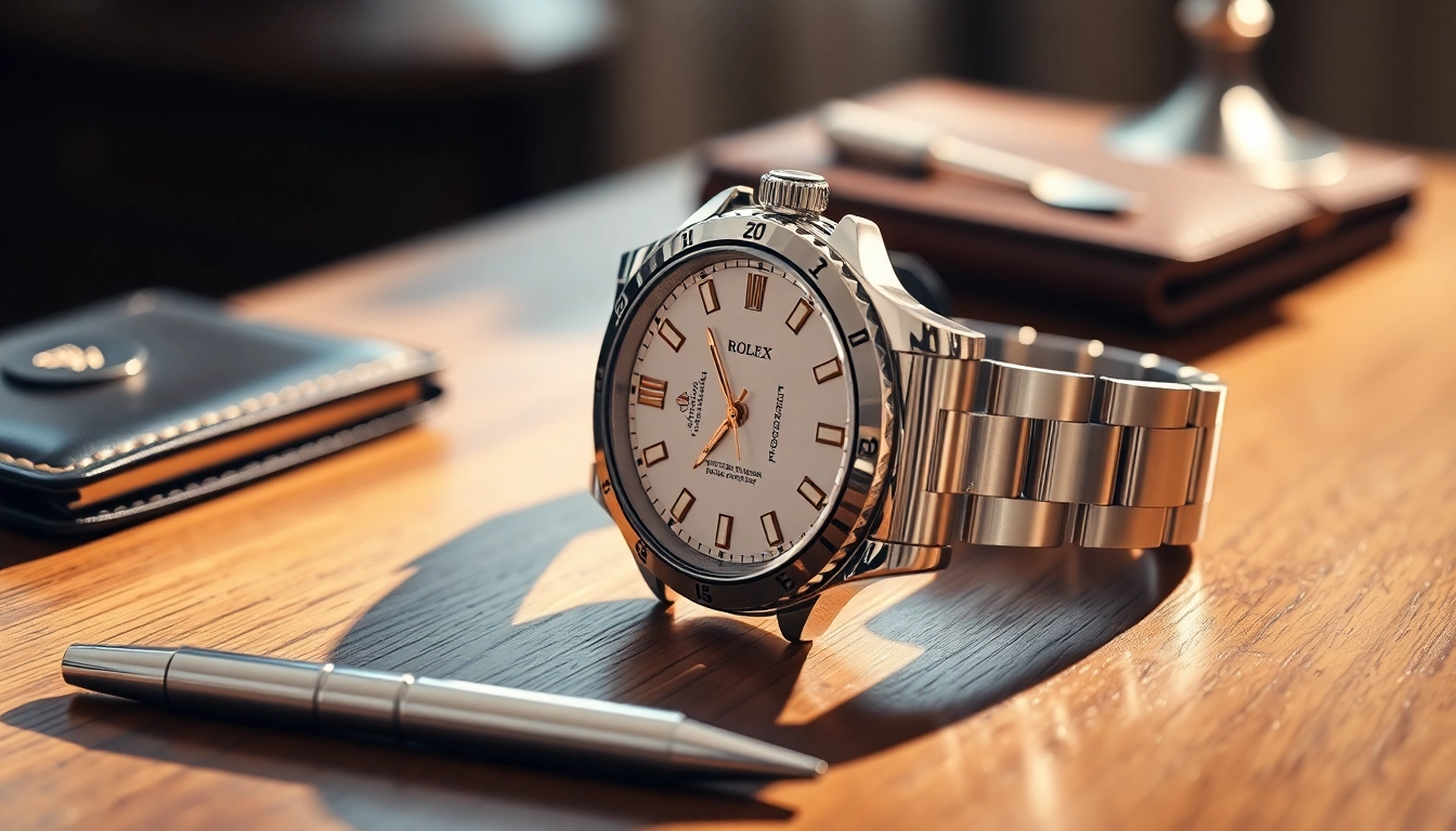 Showcase of a rolex replica watch, emphasizing its luxury and craftsmanship in an elegant setting.