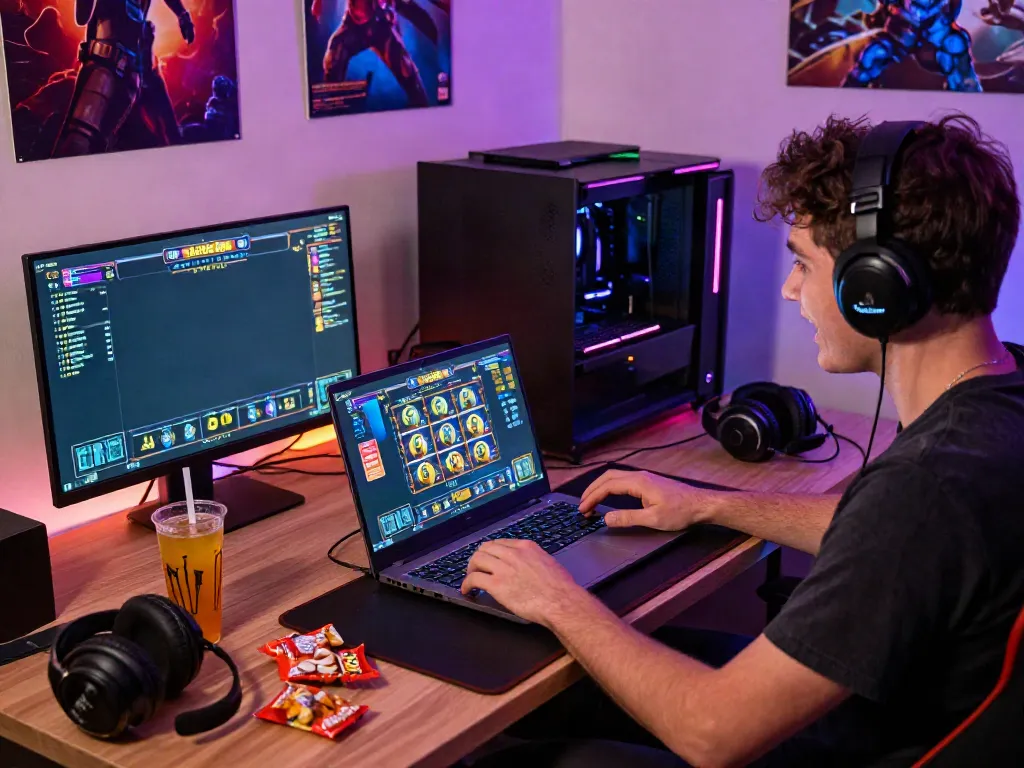 Player immersed in slot88 gaming experience, vibrant graphics and cozy setup.