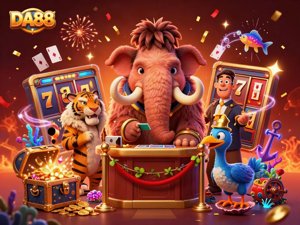 Experience thrilling gameplay at DA88 with captivating characters and dynamic elements in this casino illustration.
