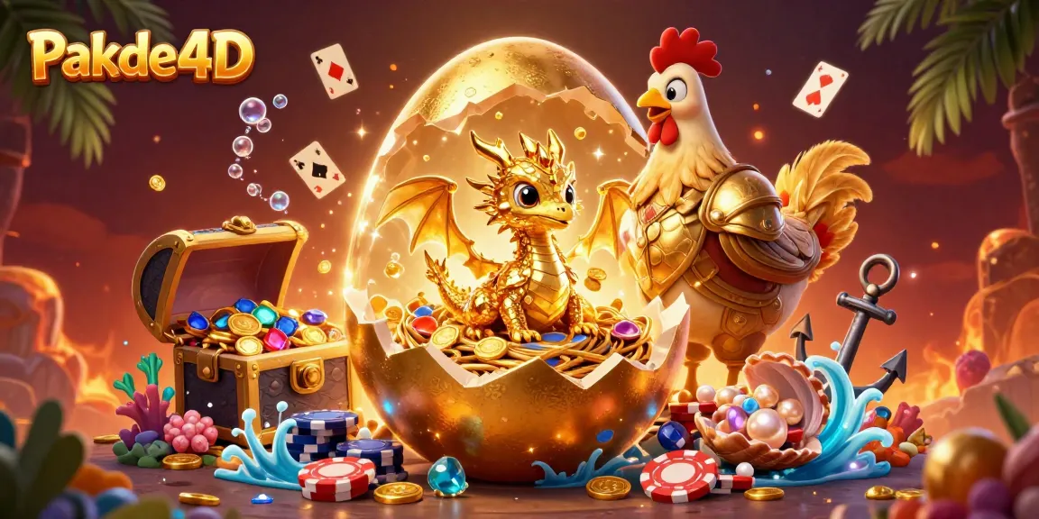 Experience thrilling gaming with Pakde4D as a golden dragon emerges, surrounded by poker chips and treasure.