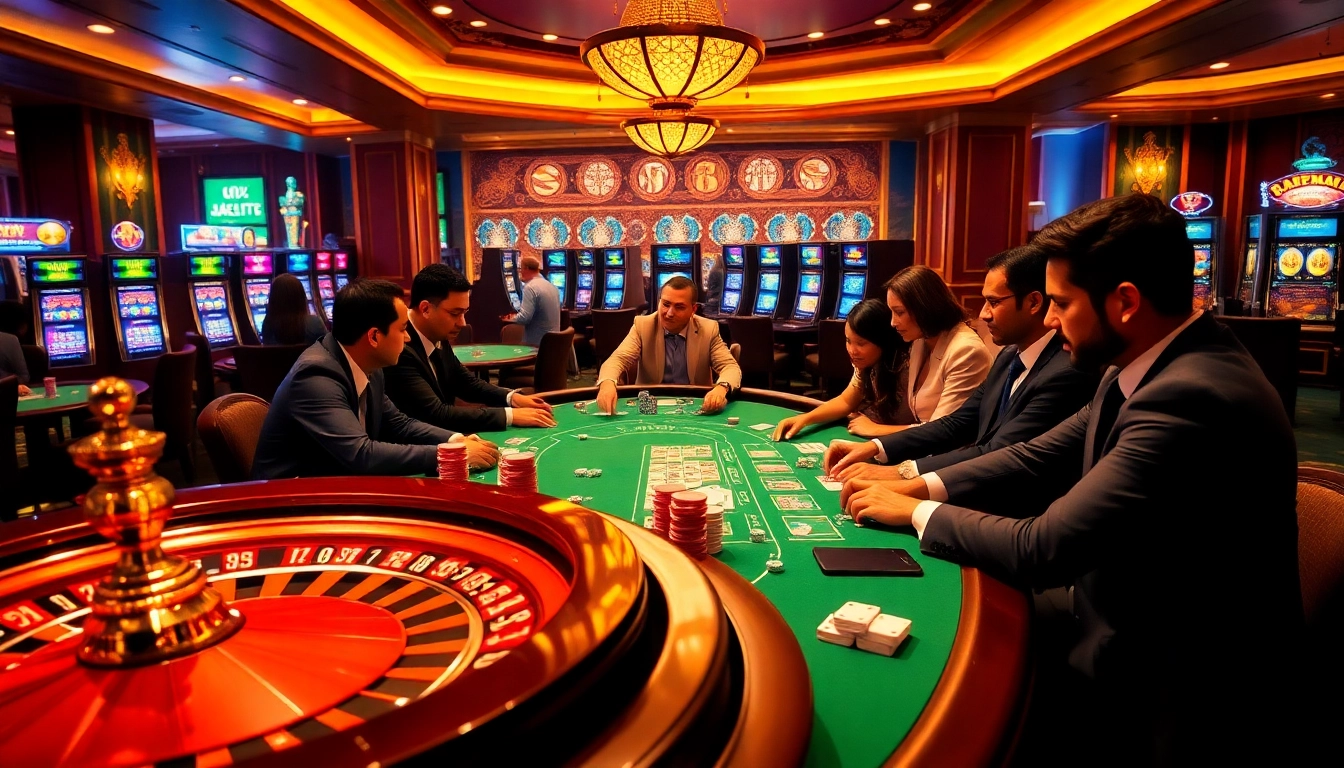 This vibrant gambling scene highlights the casino experience at https://thabet.vc/, showcasing poker games and a spinning roulette wheel.
