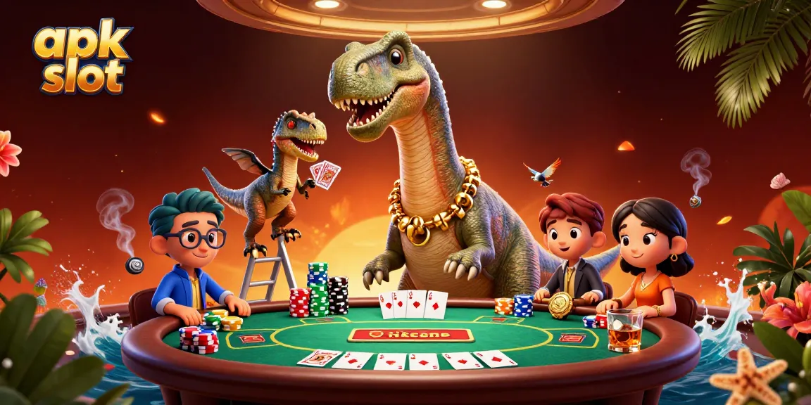 Bermain apk slot dengan dinosaur besar dan dealer cerdas di meja poker yang berwarna-warni.