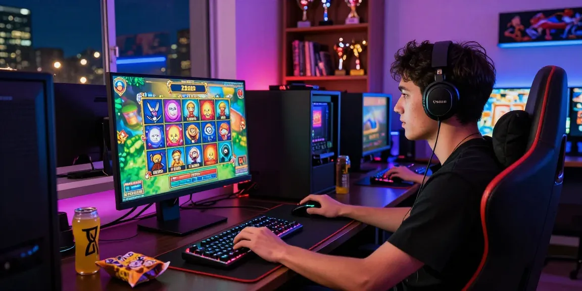Experience the excitement of zeus slot gaming with a colorful and dynamic setup featuring monitors, snacks, and gaming gear.