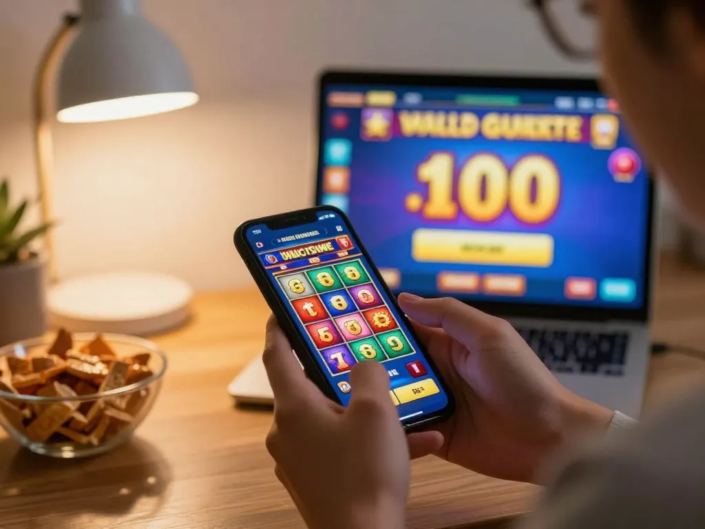 Engage in slot toto gameplay on smartphone, showcasing vibrant user interface and cozy home setting.