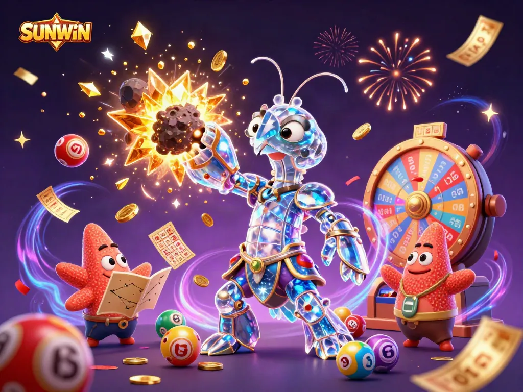 SUNWIN players engage in thrilling games, winning prizes in a vibrant cosmic casino scene.