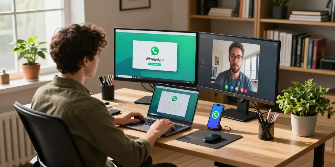 Real user engaging with WhatsApp電腦版 on a modern desktop setup showcasing dual monitors and warm sunlight.