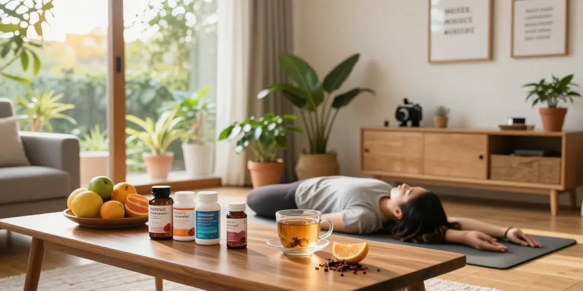 Practitioner enjoying premium wellness supplements during a calming yoga session.