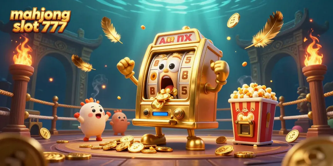 Experience the excitement of mahjong slot 777 with a golden slot machine hitting a jackpot amidst cheering characters.