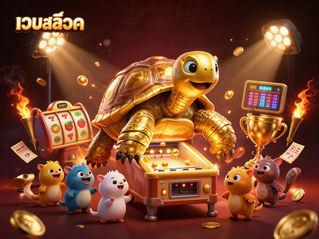 Engage in thrilling เว็บสล็อต gameplay with a vibrant cartoon scene featuring a colossal golden tortoise and exciting casino elements.