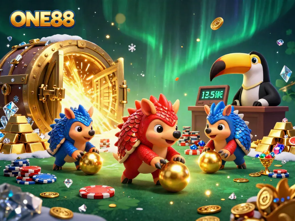 Experience thrilling gameplay with ONE88 featuring rival pangolins bowling through poker chips, surrounded by treasures.