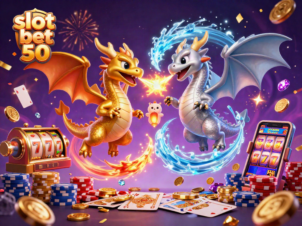 Engage in thrilling slot bet 50 action with 3D dragons, slots, and casino elements in a vibrant scene.