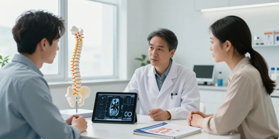 Bel kayması ameliyatı consultation scene with spine model and MRI scans.