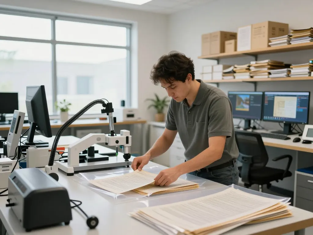 Bóc ép plastic hà nội service for document restoration, showcasing a technician using advanced technology