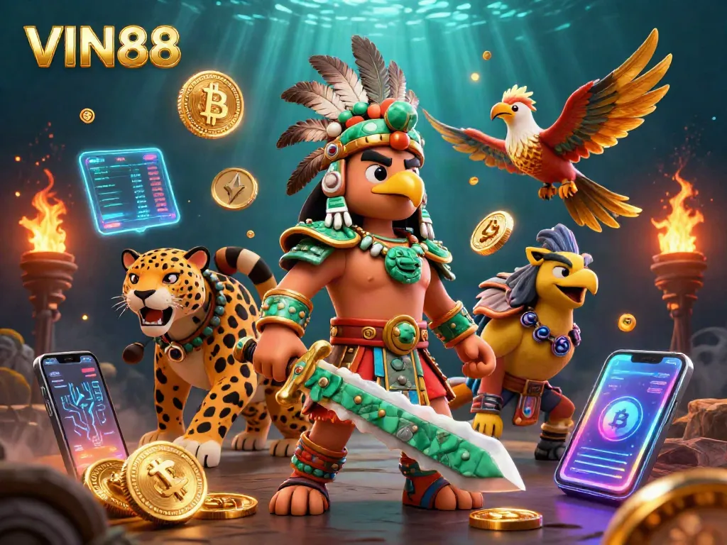 Experience the thrill of winning at VIN88 with a vibrant scene of Aztec warriors and crypto elements.