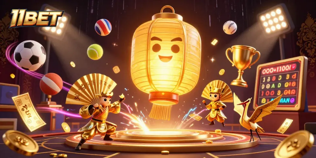 Engage with 11BET as a vibrant casino experience featuring a floating golden lantern spirit, sports elements, and dynamic action.