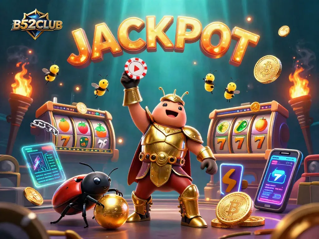 B52CLUB showcases an exciting jackpot with a glorious gladiator beetle and vibrant slot reels.
