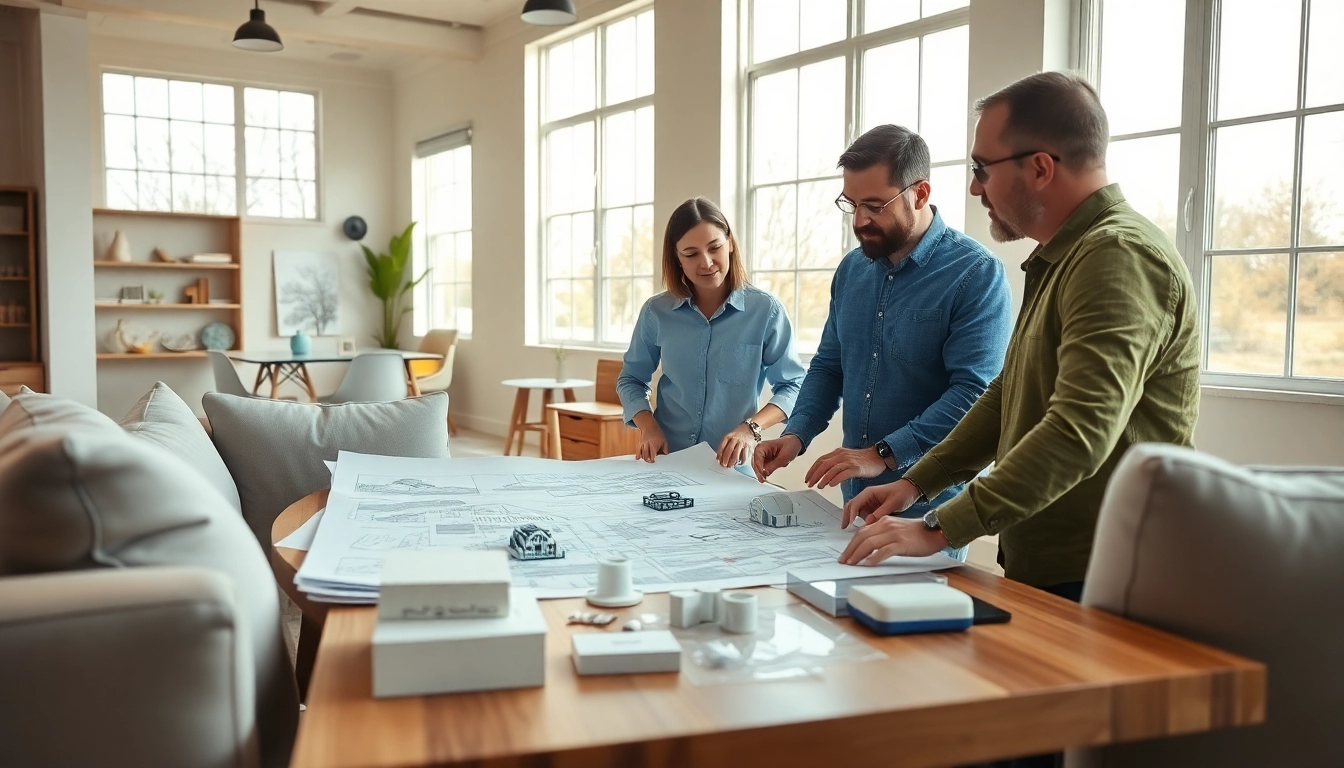 Residential architects for home renovation consulting with homeowners in a modern workspace.