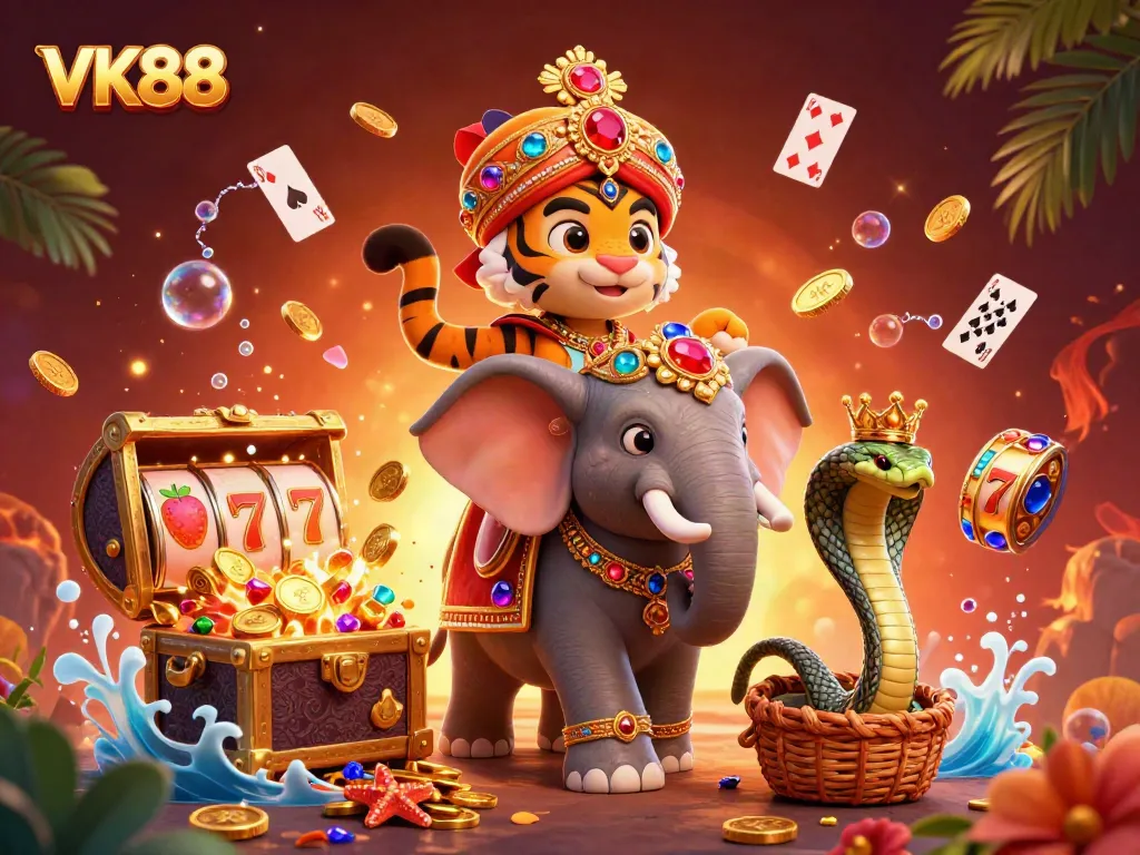 Experience the excitement of VK88 with vibrant gaming elements and rich textures in this 3D casino illustration.