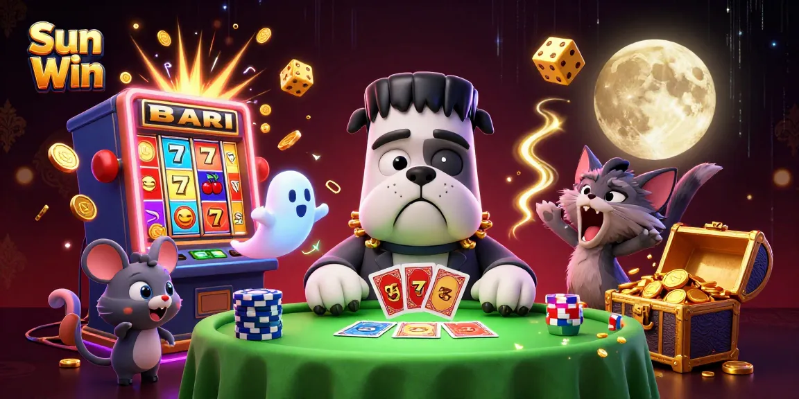 Engage in a thrilling Sun Win gaming adventure with a vibrant 3D scene showcasing exciting casino elements and characters.