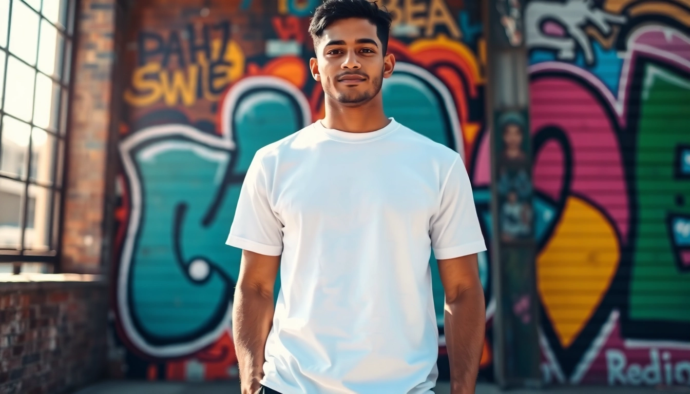 Model showcasing a stylish blank white t shirt against urban graffiti backdrop, highlighting its appeal.