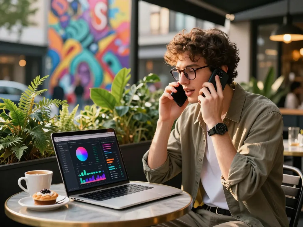 Young adult at cafe with AI tools and smartphone representing ia +18 trends