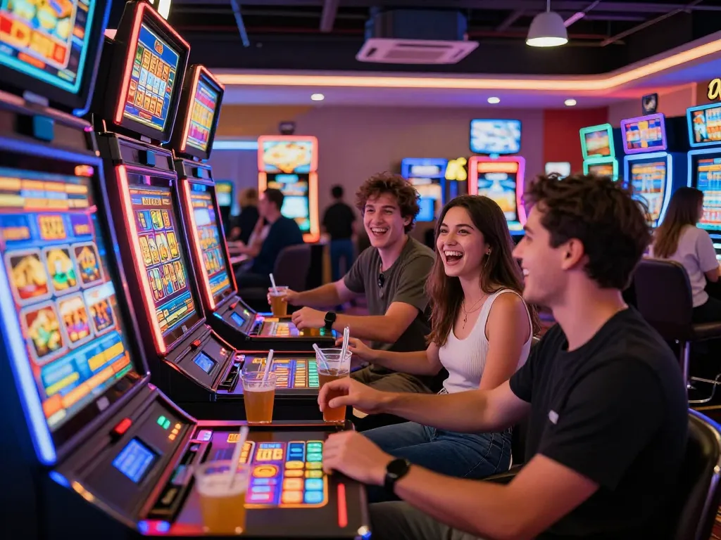 Teman-teman yang terlibat di mesin slot link dalam suasana kasino yang meriah.