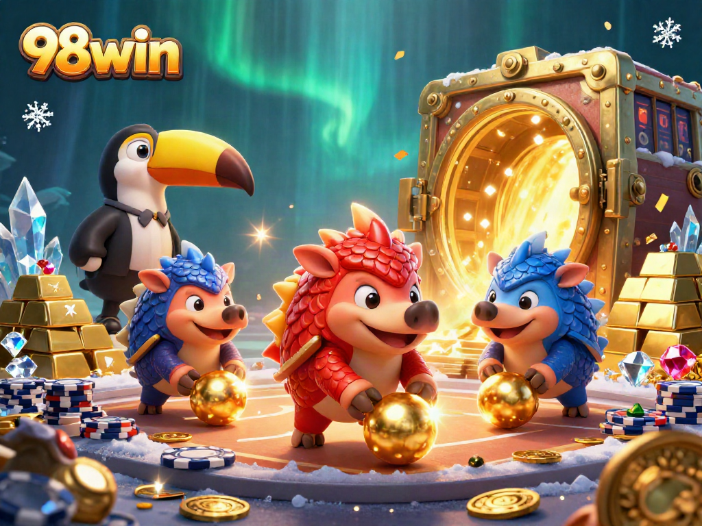 98win pangolins compete in a lively 3D casino scene filled with treasures and excitement.