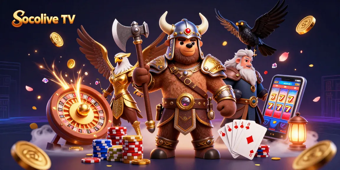Socolive TV offers an action-packed 3D scene with Viking characters engaging in exhilarating casino games.